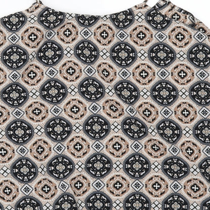Brand and care label for New Look women’s beige geometric camisole blouse, size UK 8