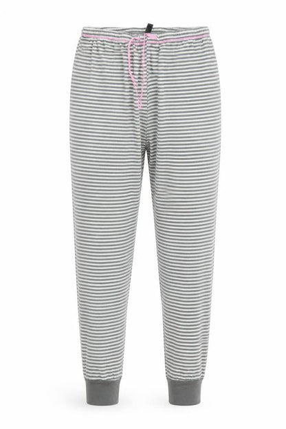 Front view of Preworn women’s grey striped trousers, size UK 34, 28-inch leg - stretch waistband