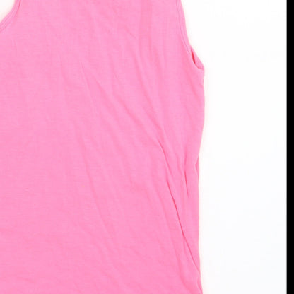 Brand and care label for Young Dimension girls’ pink basic tank, size 7-8, years