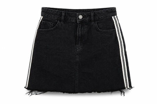 Front view of denim and co women’s black denim mini skirt, size UK 8
