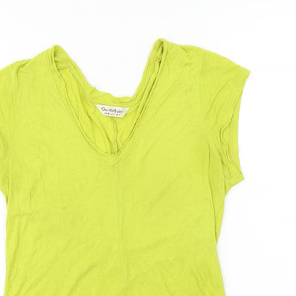 Close-up detail of Miss Selfridge women’s yellow basic t-shirt, size UK 10