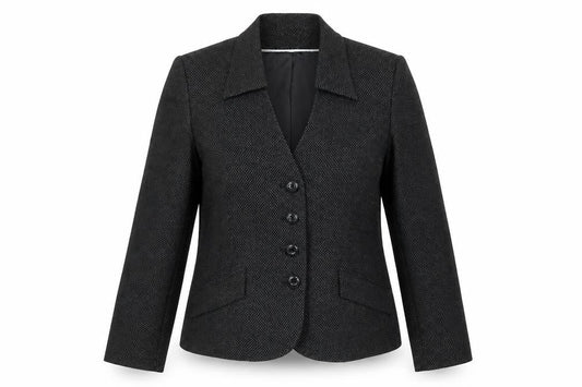 Front view of Klass women’s grey rayon jacket suit jacket, size UK 14