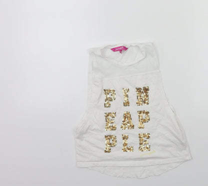 Front view of Pineapple girls’ white basic tank, size 5-6, years