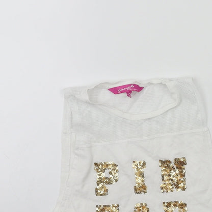 Close-up detail of Pineapple girls’ white basic tank, size 5-6, years