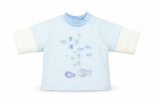 Front view of Teddy boys’ blue striped basic t-shirt, size 0-3, months
