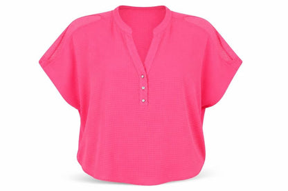 Front view of Marina Kaneva women’s pink basic blouse, size UK 12, - cold shoulder