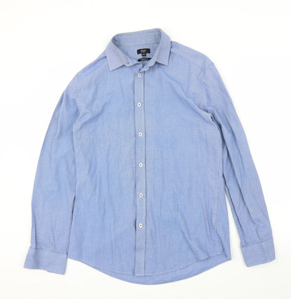 Front view of F&F men’s blue button-up, size 15.5