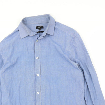 Close-up detail of F&F men’s blue button-up, size 15.5