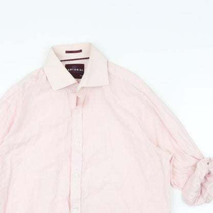 Close-up detail of Marks & Spencer men’s pink button-up, size 15.5