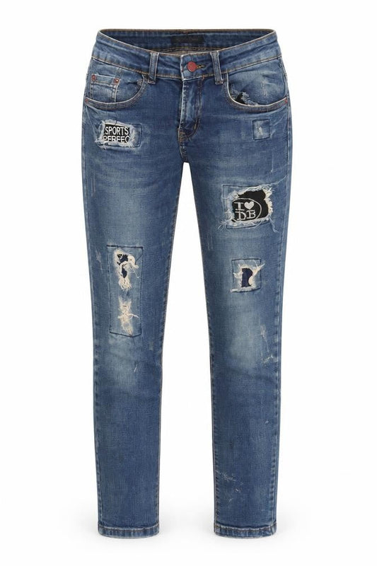 Front view of Tian Ge Jeans women’s blue denim straight jeans, size S, 28-inch leg