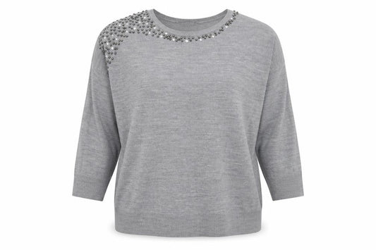 Front view of Dorothy Perkins women’s grey knit jumper, size UK 20