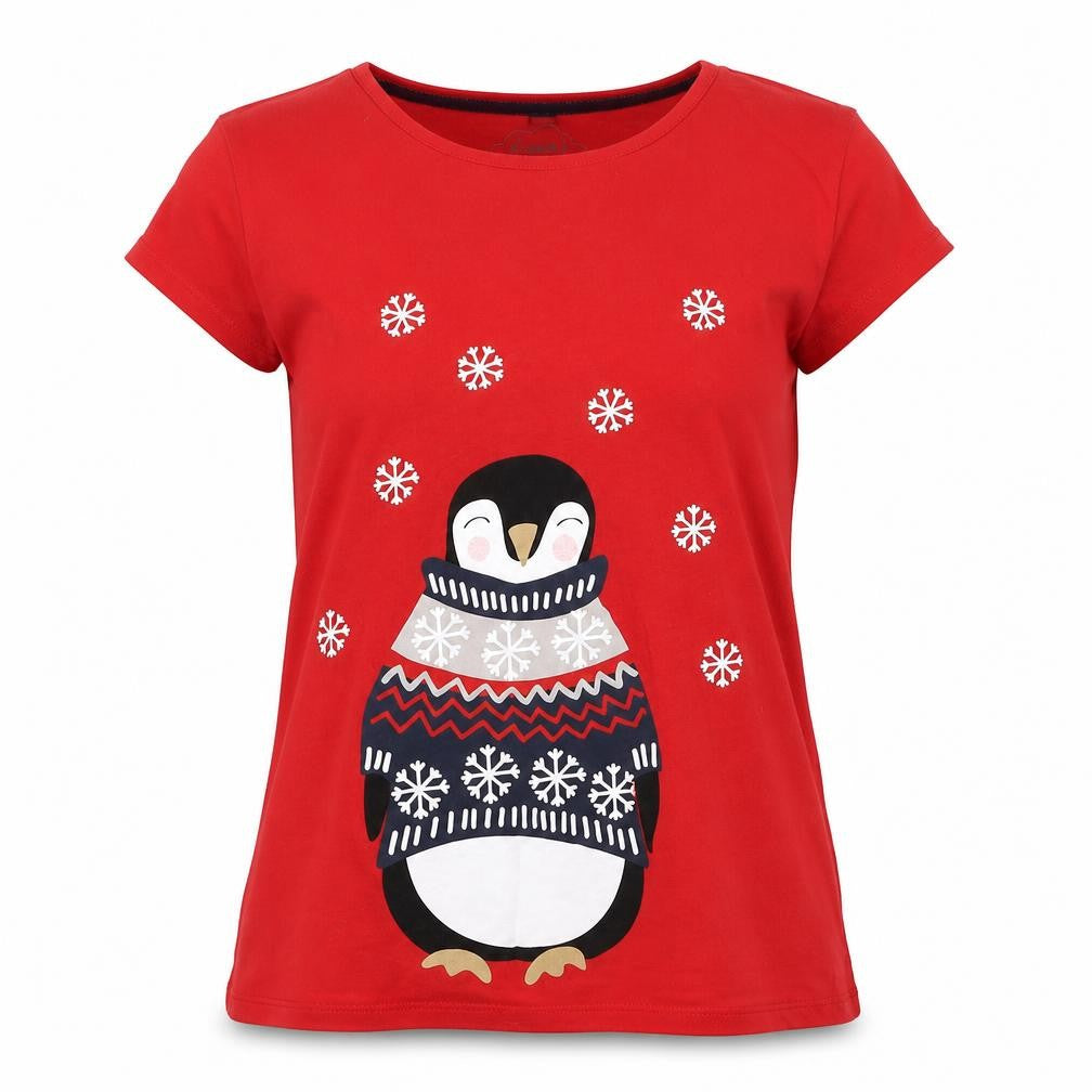 Nutmeg Womens Red Houndstooth  Basic T-Shirt Size 10  - PENGUIN, snow flakes