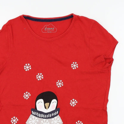 Close-up detail of Nutmeg women’s red houndstooth basic t-shirt, size UK 10, - penguin, snow flakes