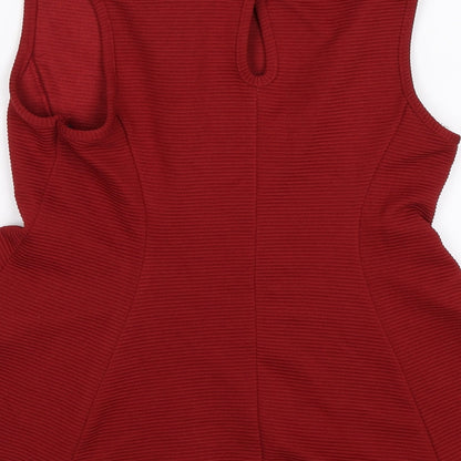 Brand and care label for Atmosphere women’s red basic blouse, size UK 10