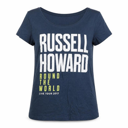 Front view of Preworn women’s blue basic t-shirt, size M, - russell howard