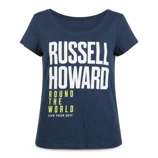 Front view of Preworn women’s blue basic t-shirt, size M, - russell howard