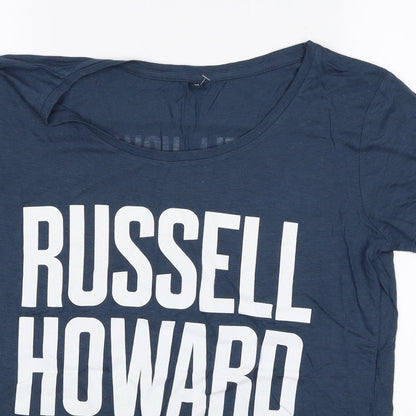 Close-up detail of Preworn women’s blue basic t-shirt, size M, - russell howard