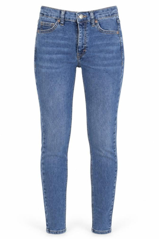 Front view of Topshop women’s black skinny jeans, size UK 25, 28-inch leg