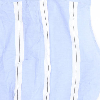 Brand and care label for ming women’s blue striped basic blouse, size L