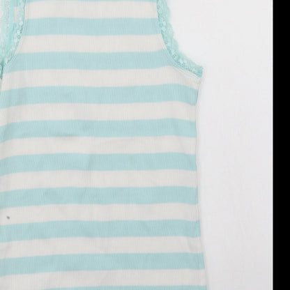 Brand and care label for George girls’ blue striped basic tank, size 11-12, years