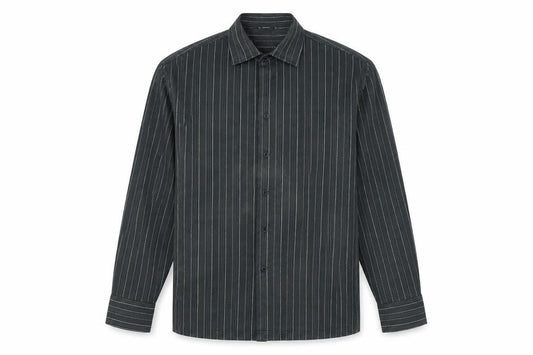 Front view of Emporio men’s grey striped button-up, size XL