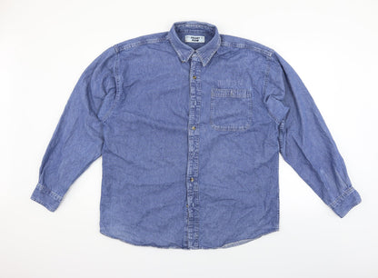 Front view of Front Row men’s blue button-up, size L