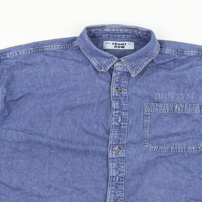 Close-up detail of Front Row men’s blue button-up, size L