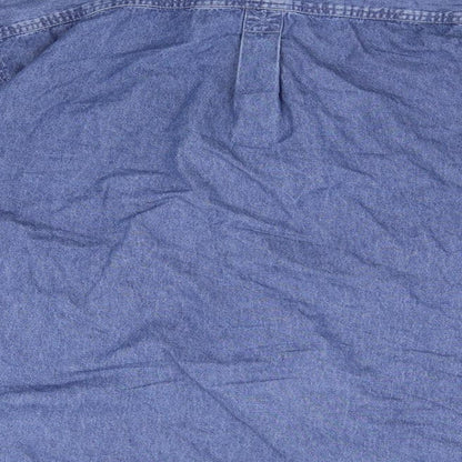 Brand and care label for Front Row men’s blue button-up, size L