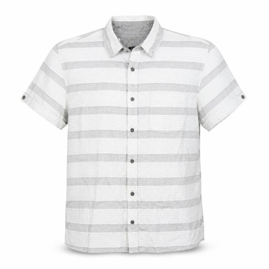 Front view of ACW85 men’s grey striped button-up, size L