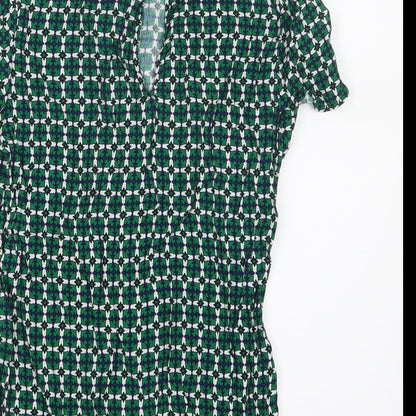 Brand and care label for H&M women’s green geometric basic t-shirt, size UK 4