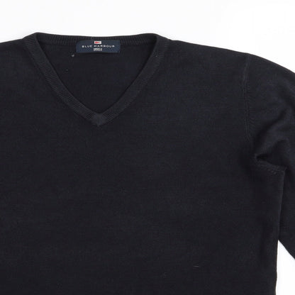 Close-up detail of Marks & Spencer men’s blue jumper, size S