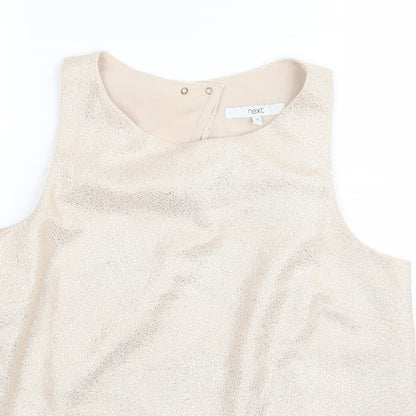 Close-up detail of Next women’s gold basic t-shirt, size UK 10
