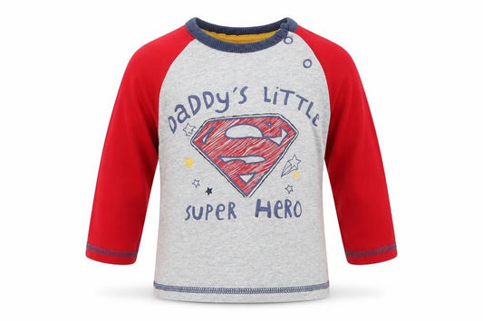 Front view of George Baby Grey Basic T-Shirt, size 6-9, Months - DADDYS LITLLE SUOER HERO
