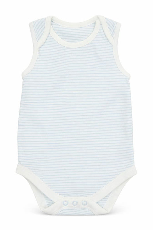 Front view of Tu Baby Blue Striped Babygrow One-Piece, size 6-9, Months