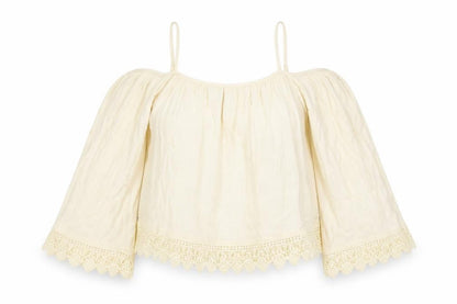 Front view of Divided by H&M women’s ivory basic blouse, size UK 12, - lace detail