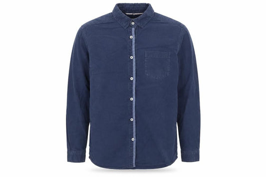 Front view of BOSTON CREW men’s blue button-up, size M