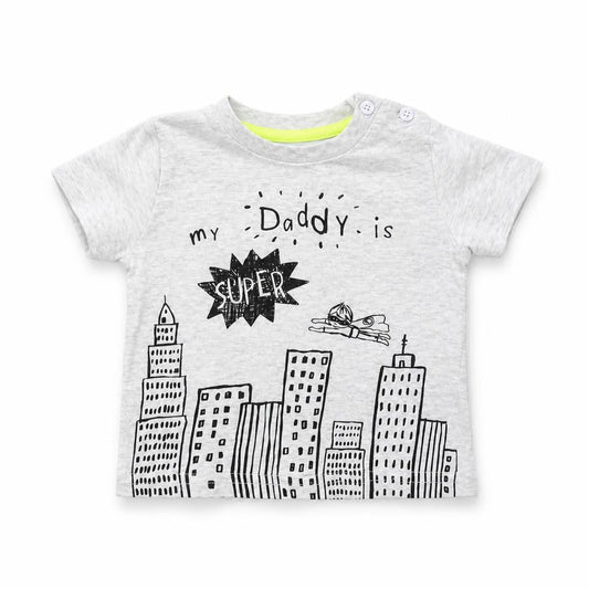 Front view of F&F boys’ grey basic t-shirt, size 3-6, months - my daddy is super