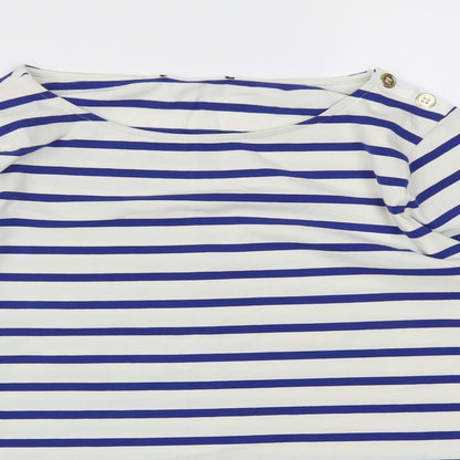 Close-up detail of Preworn women’s blue striped basic polo, size M