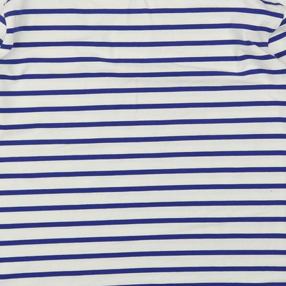 Brand and care label for Preworn women’s blue striped basic polo, size M