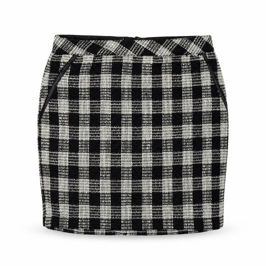 Front view of Gina women’s black check a-line skirt, size UK 24, in
