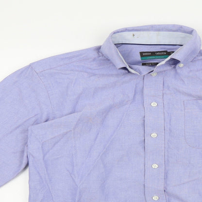 Close-up detail of Marks & Spencer men’s blue colourblock button-up, size 38