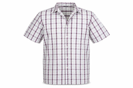 Front view of Academy men’s white check button-up, size M