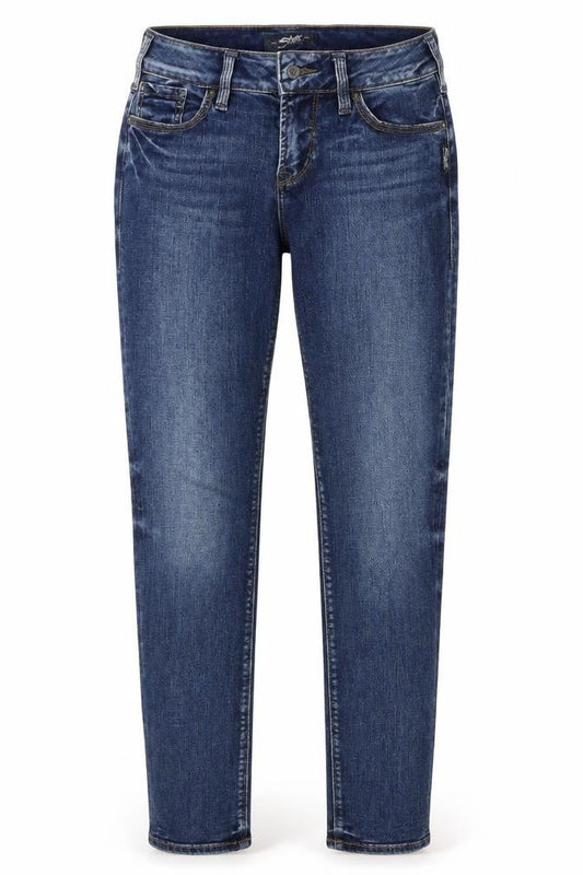 Front view of Silver women’s blue denim skinny jeans, size UK 27, in, 32-inch leg