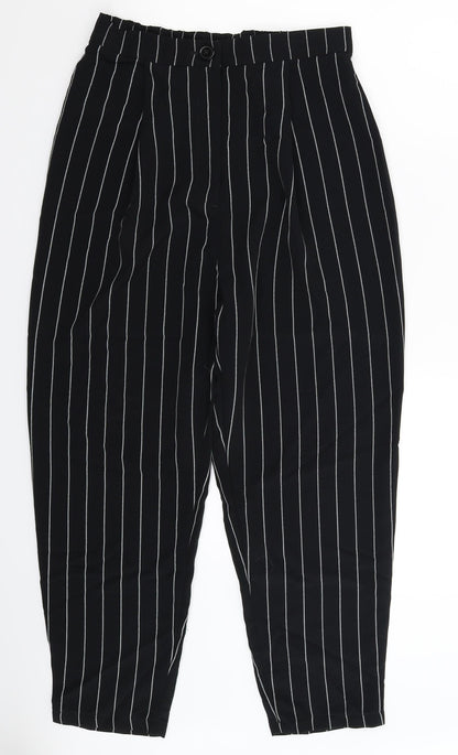 Front view of Divided women’s black striped trousers, size UK 10, 25-inch leg