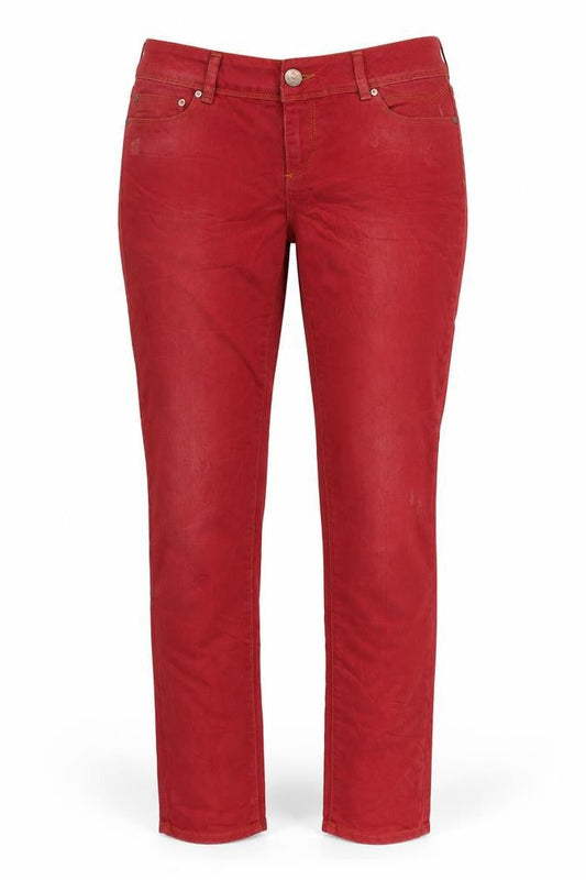 Front view of Only women’s red denim straight jeans, size UK 31, in, 32-inch leg