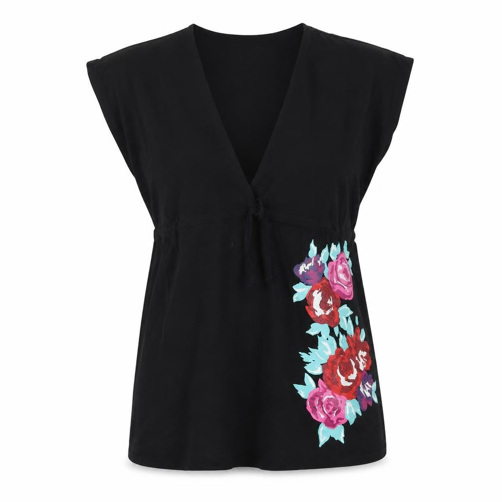 Resort Womens Black Floral  Basic T-Shirt Size 14