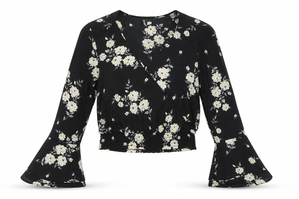 Divided Womens Black Floral  Cropped Blouse Size 4