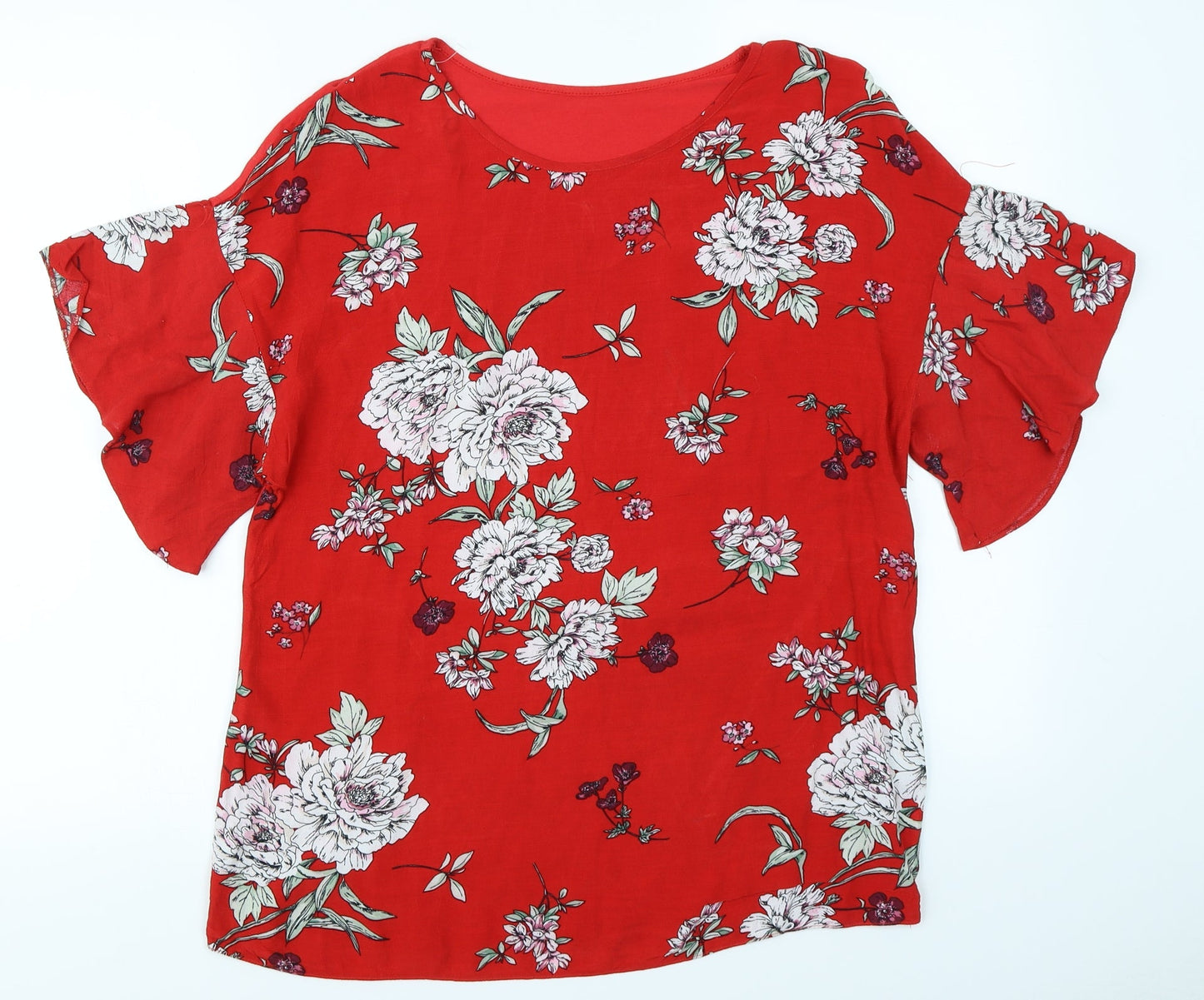 Preworn Womens Red Floral  Basic Blouse Size 10