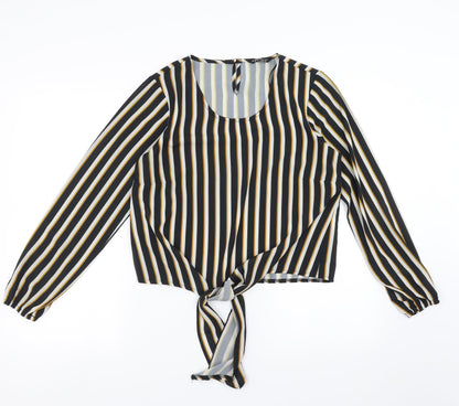 Preloved Select Womens Black Striped  Basic Blouse Size 12  - tie Front Detail - Front