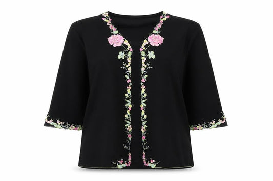 JIN ABE Womens Black Floral  Basic T-Shirt Size 8